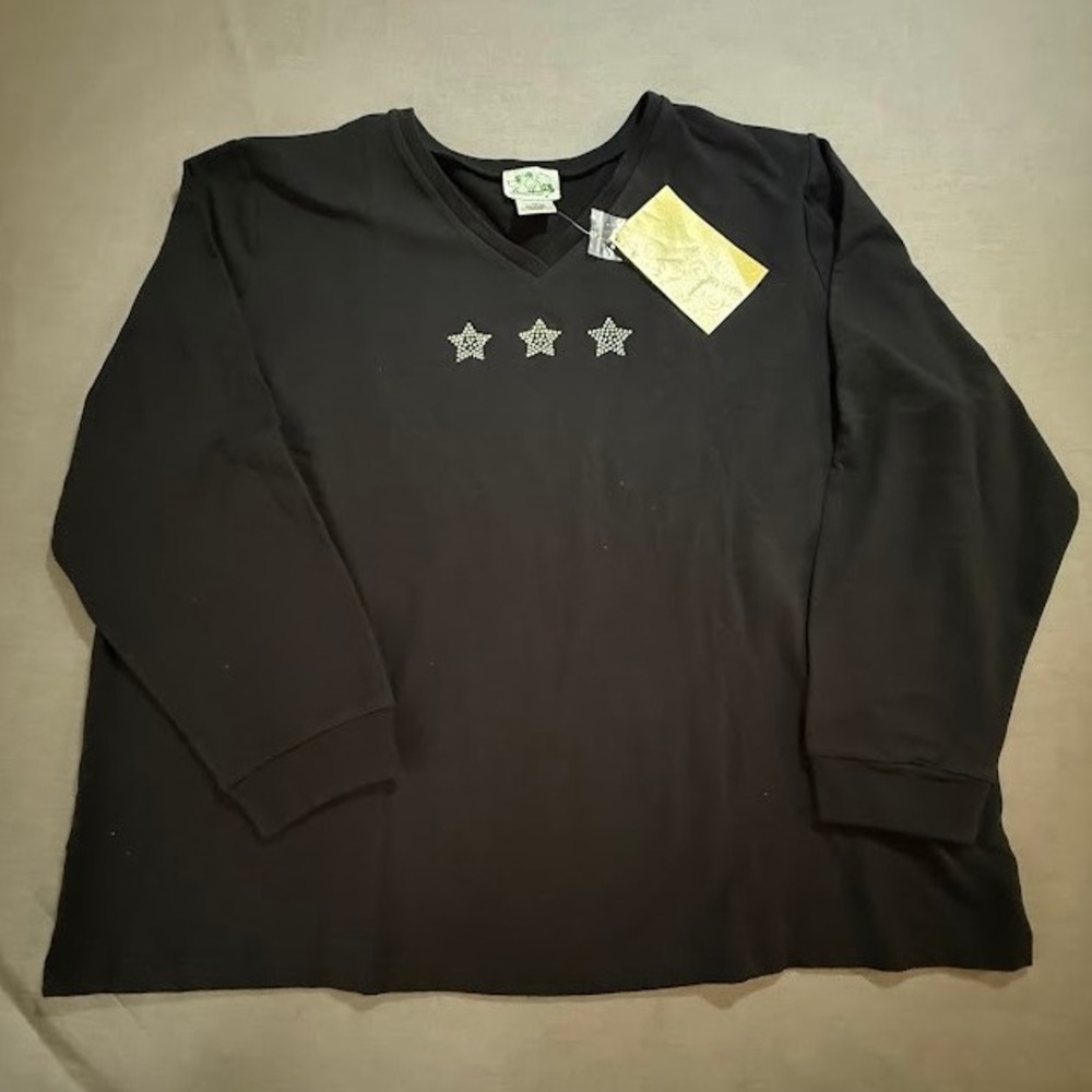The Quaker Factory Black Long Sleeve V-Neck Rhinestone Star Top Plus‎ Size 3X